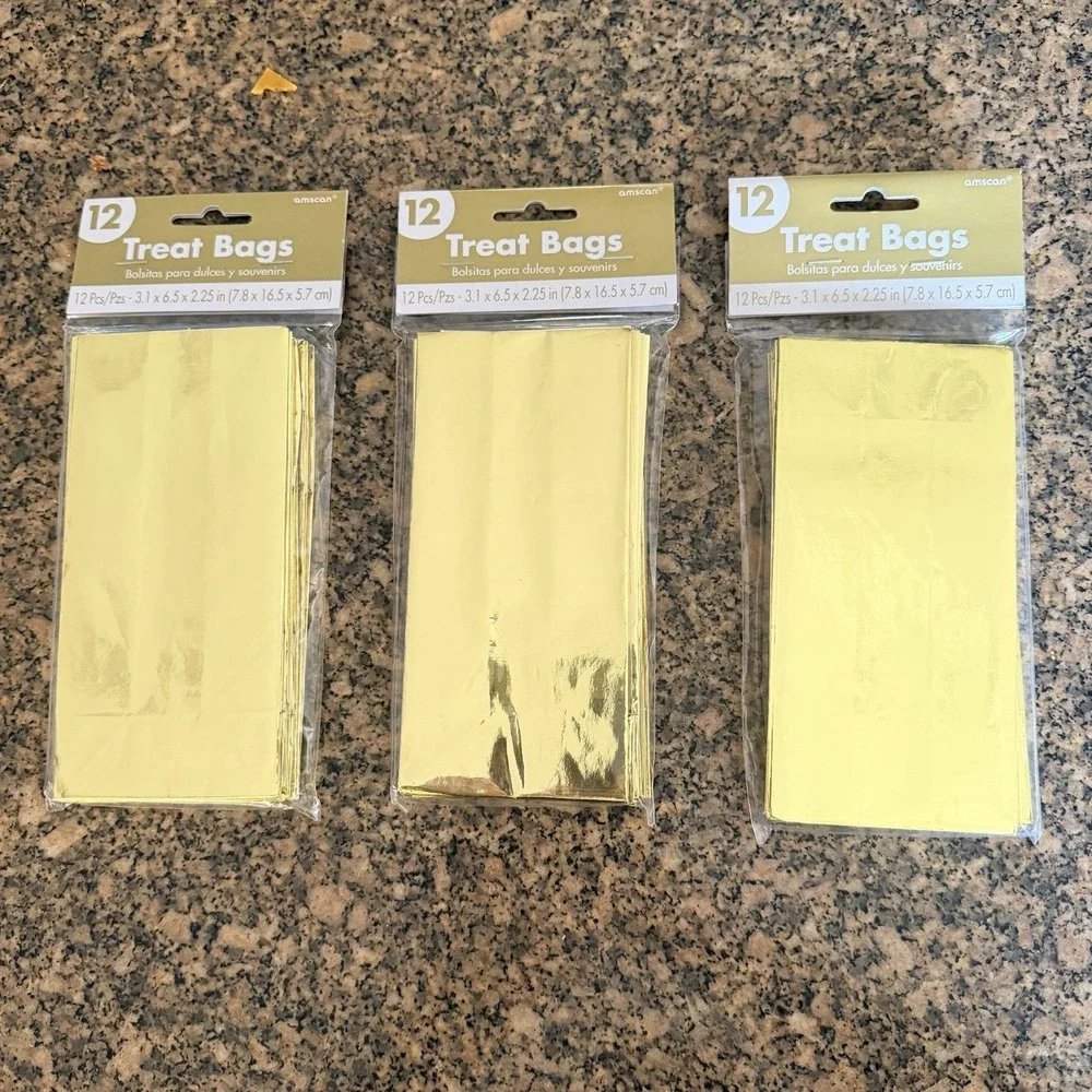 3 Packs 12 Each Metallic‎ Gold Tone Paper Treat Bags 3.1x6.5x2.25